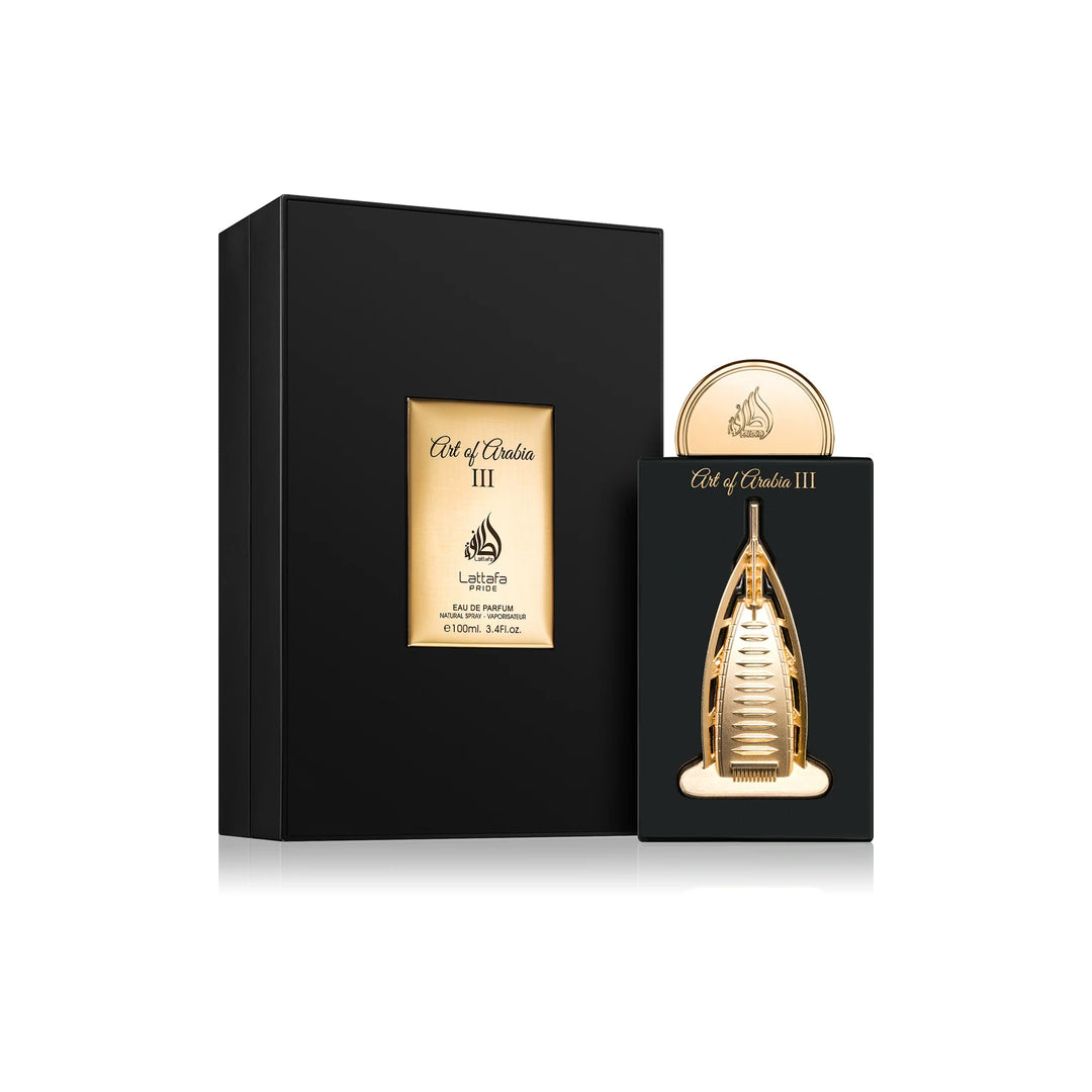 Embalagem perfume Art of Arabia III Lattafa acabamento elegante
