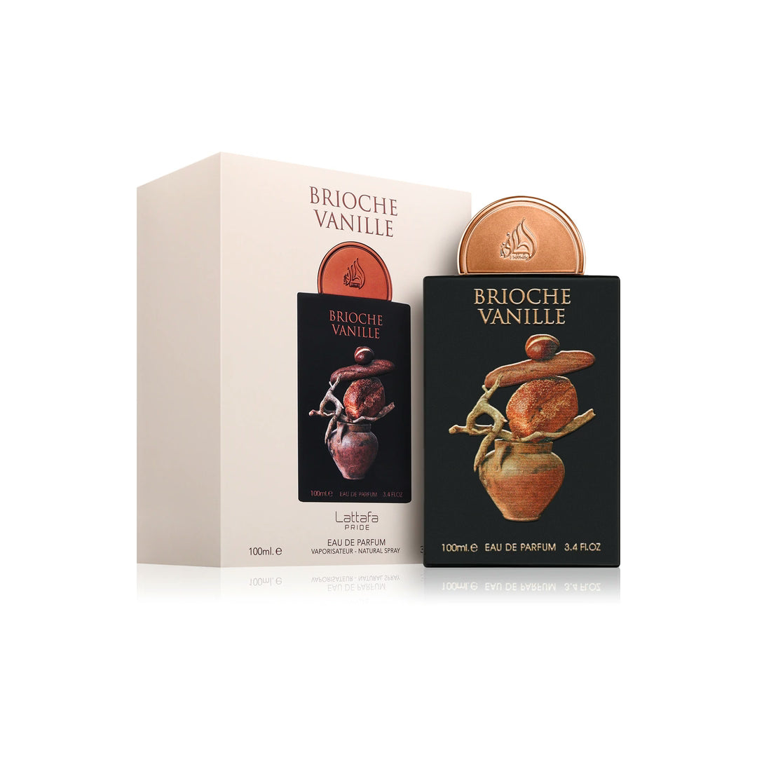 Embalagem sofisticada do perfume Brioche Vanille Lattafa