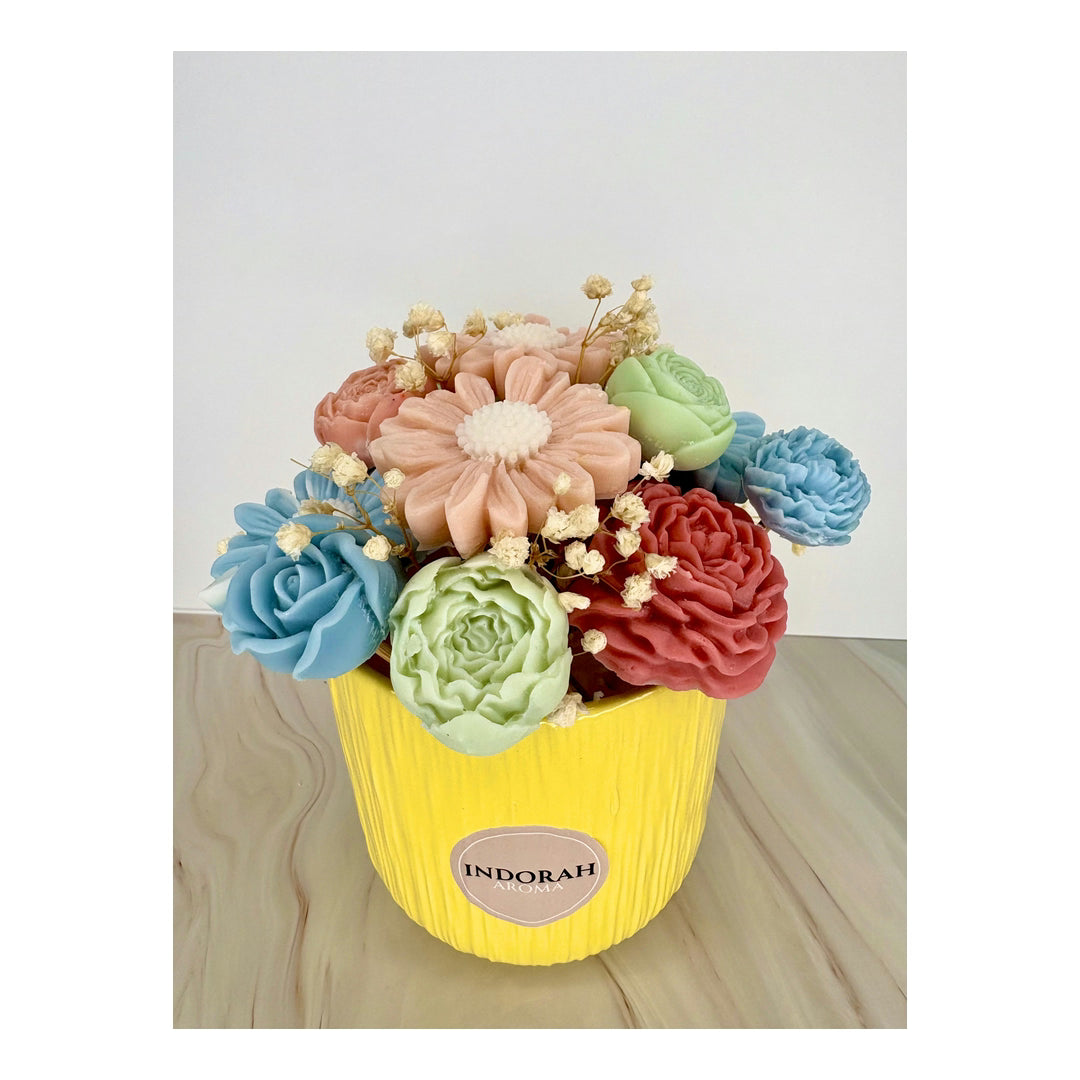 Buquê Vela Gigante Amarela Com Flores Wax Melt Jasmim Indorah Aroma – Decoração Artesanal E Aroma Floral