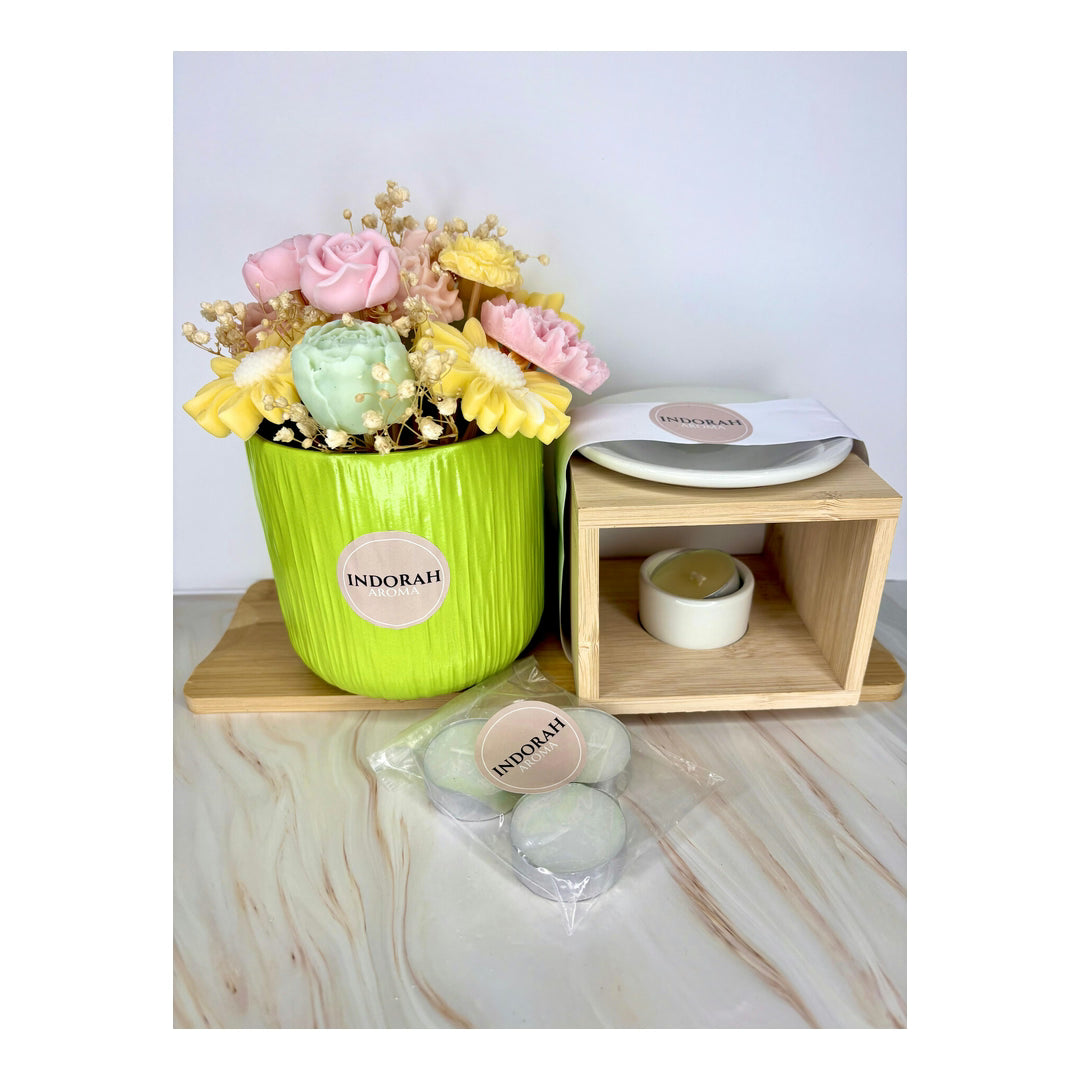 Buquê Vela Gigante Amarela Com Flores Wax Melt Lavanda Com Queimador de Madeira Indorah Aroma – Presente Artesanal E Aroma Relaxante Para Casa