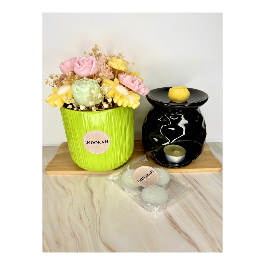 Buquê Vela Gigante Amarela Com Flores Wax Melt Lavanda com queimador preto Indorah Aroma – Presente Artesanal E Aroma Relaxante Para Casa