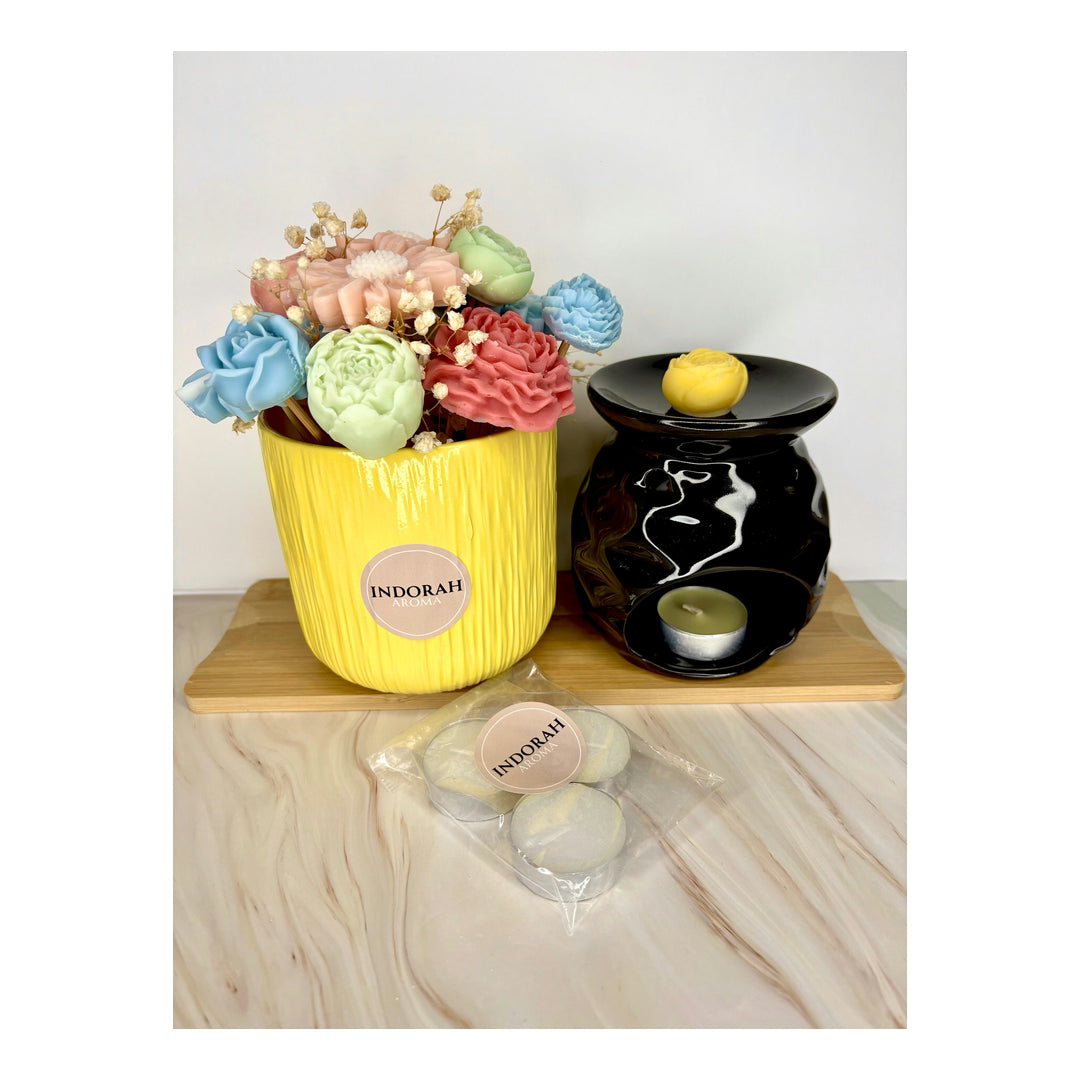 Ritual Aroma E Luz Jasmim Indorah Aroma – Buquê Vela Gigante, Wax Melts, Queimador Preto E Velinhas, Perfume Floral E Decoração Sofisticada