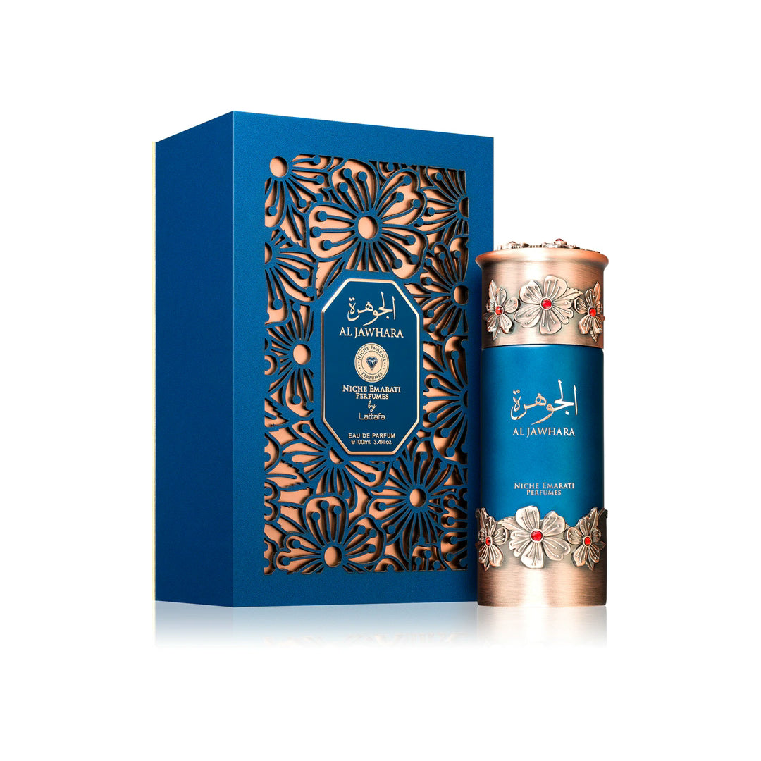 Embalagem sofisticada do perfume Al Jawhara Lattafa