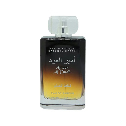 Frasco do perfume Ameer Al Oud da Lattafa, fragrância masculina oriental amadeirada