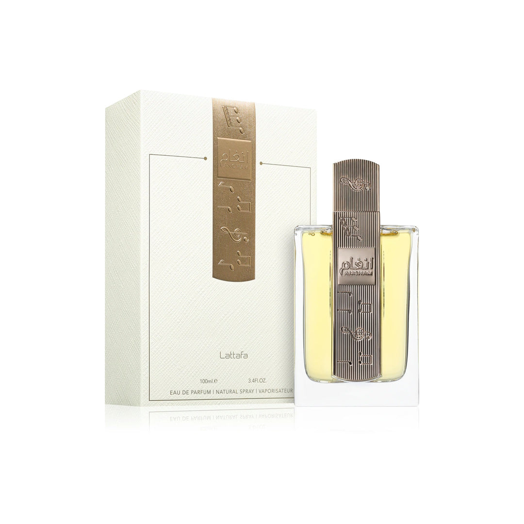Embalagem perfume Angham Lattafa acabamento refinado luxo feminino