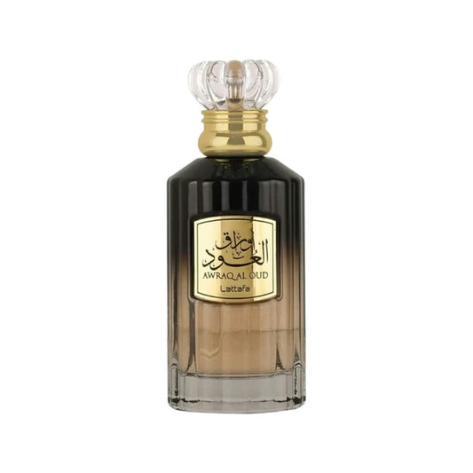Frasco do perfume Awraq Al Oud da Lattafa, fragrância unissex oriental amadeirada Indorah Aroma