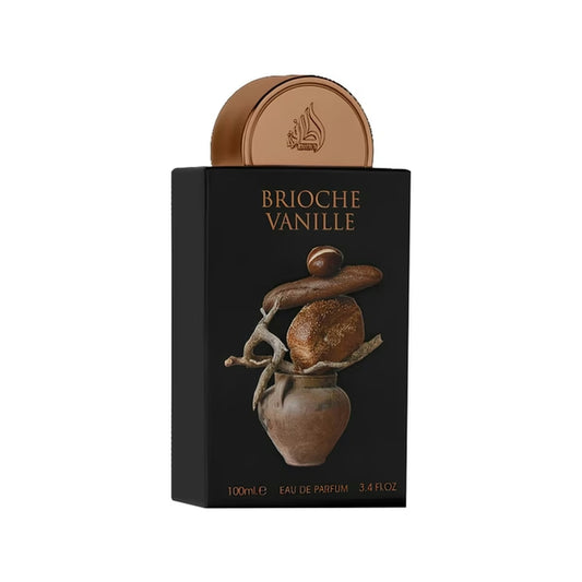 Frasco do perfume Brioche Vanille Lattafa design elegante unissex