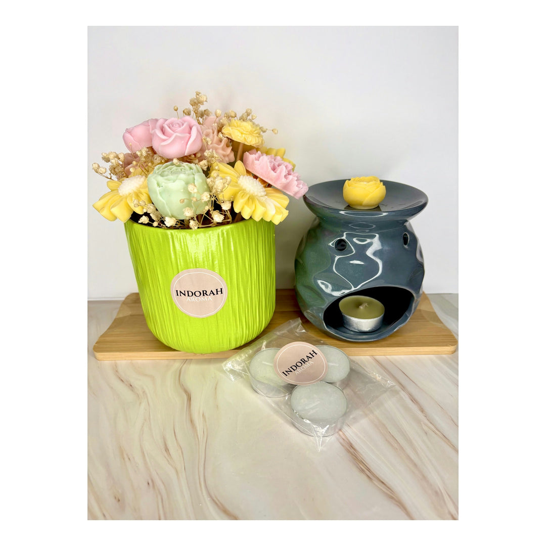 Buquê Vela Gigante Amarela Com Flores Wax Melt Lavanda Com Queimador Cinza Indorah Aroma – Presente Artesanal E Aroma Relaxante Para Casa