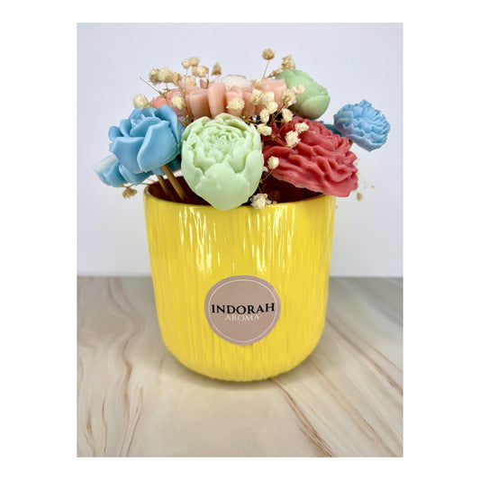 Buquê Vela Gigante Amarela Com Flores Wax Melt Jasmim Artesanais Indorah Aroma – Decoração E Presente Exclusivo