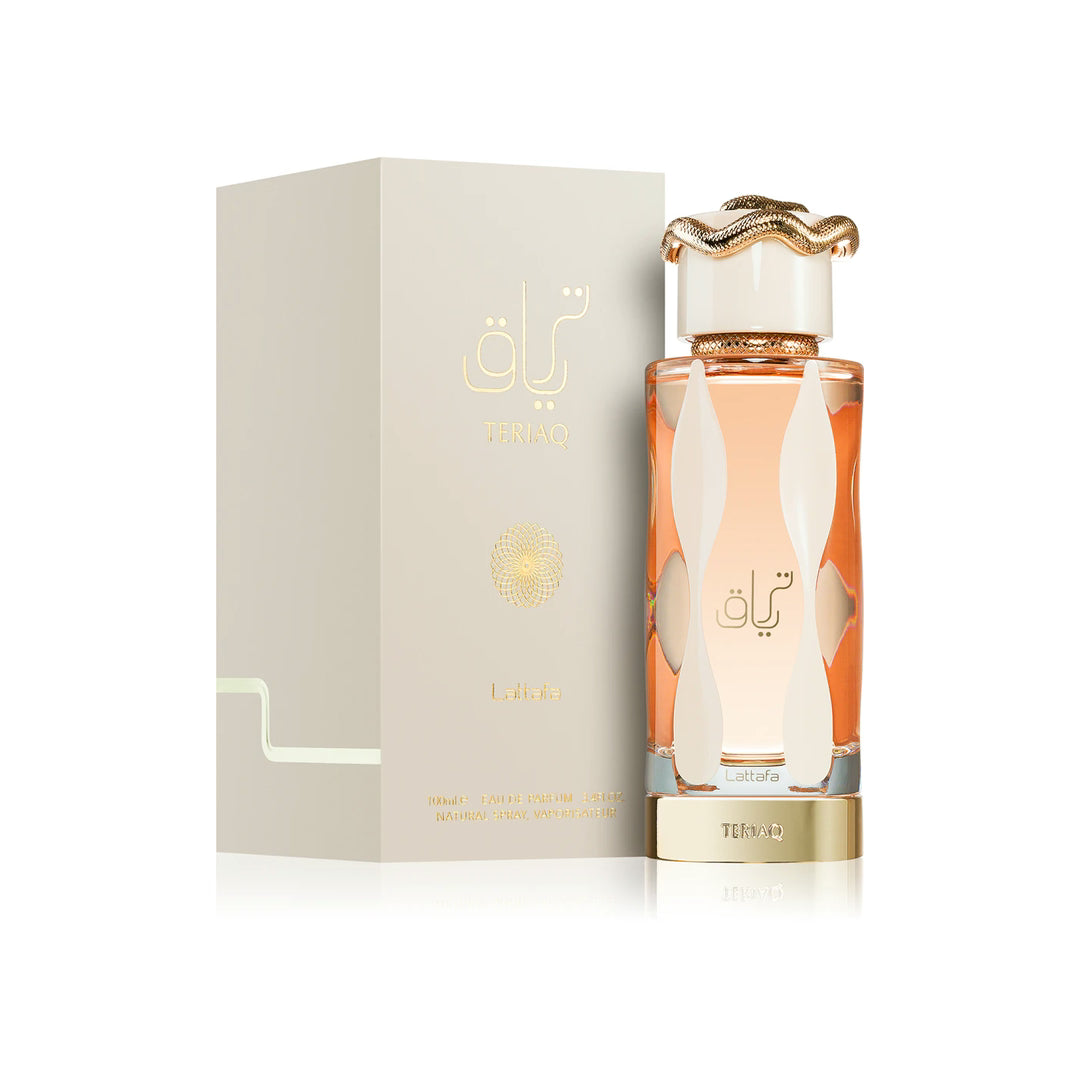 Embalagem elegante do perfume Teriaq da Lattafa | Indorah Aroma